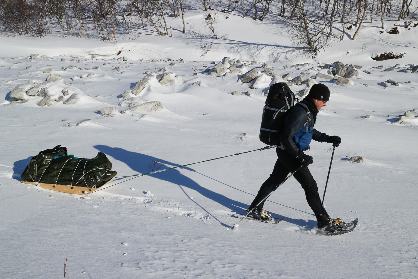 Snowshoeing with pulk